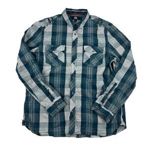 ROCK & REPUBLIC Stretch Teal Gray Plaid Button Down Shirt L/S Roll Tab Sleeve XL